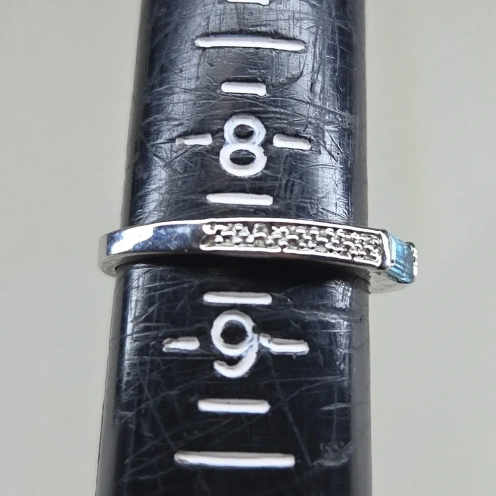 Silver Tone Faux Blue Topaz Baguette Accent Stackable Band Ring Size 8.5